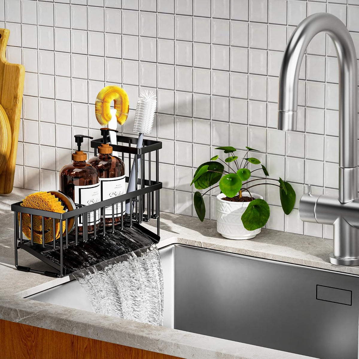 Cisily Sink Caddy Sponge Holder for Kitchen with Brush Holder and Stainless Steel Self Drain Tray, Rustproof Kitchen Sink Organizer for Sponge, Soap Dispenser Storage Accessories