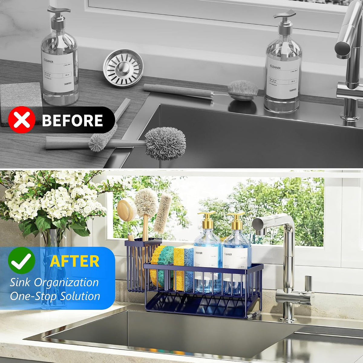 Cisily Sink Caddy Sponge Holder for Kitchen with Brush Holder and Stainless Steel Self Drain Tray, Rustproof Kitchen Sink Organizer for Sponge, Soap Dispenser Storage Accessories