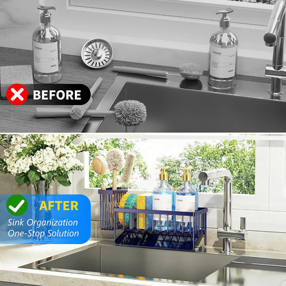 Cisily Sink Caddy Sponge Holder for Kitchen with Brush Holder and Stainless Steel Self Drain Tray, Rustproof Kitchen Sink Organizer for Sponge, Soap Dispenser Storage Accessories