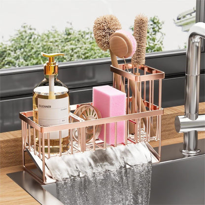 Cisily Sink Caddy Sponge Holder for Kitchen with Brush Holder and Stainless Steel Self Drain Tray, Rustproof Kitchen Sink Organizer for Sponge, Soap Dispenser Storage Accessories