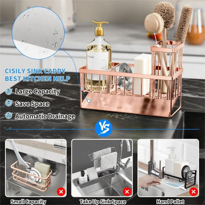 Cisily Sink Caddy Sponge Holder for Kitchen with Brush Holder and Stainless Steel Self Drain Tray, Rustproof Kitchen Sink Organizer for Sponge, Soap Dispenser Storage Accessories