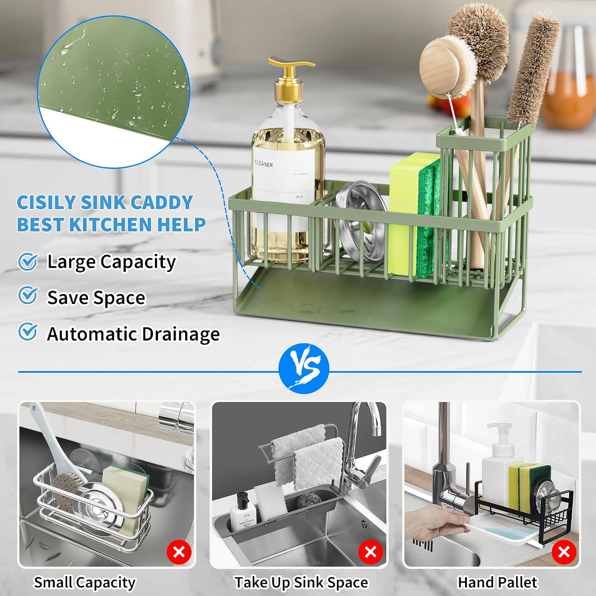 Cisily Sink Caddy Sponge Holder for Kitchen with Brush Holder and Stainless Steel Self Drain Tray, Rustproof Kitchen Sink Organizer for Sponge, Soap Dispenser Storage Accessories