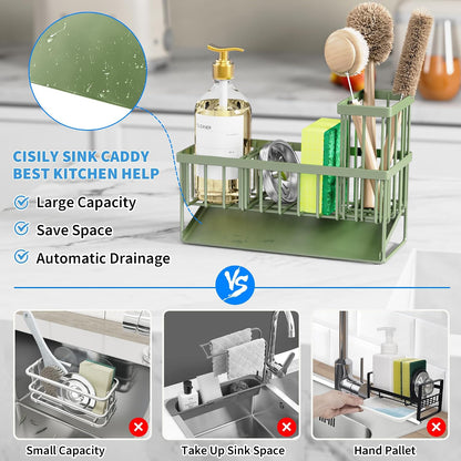 Cisily Sink Caddy Sponge Holder for Kitchen with Brush Holder and Stainless Steel Self Drain Tray, Rustproof Kitchen Sink Organizer for Sponge, Soap Dispenser Storage Accessories