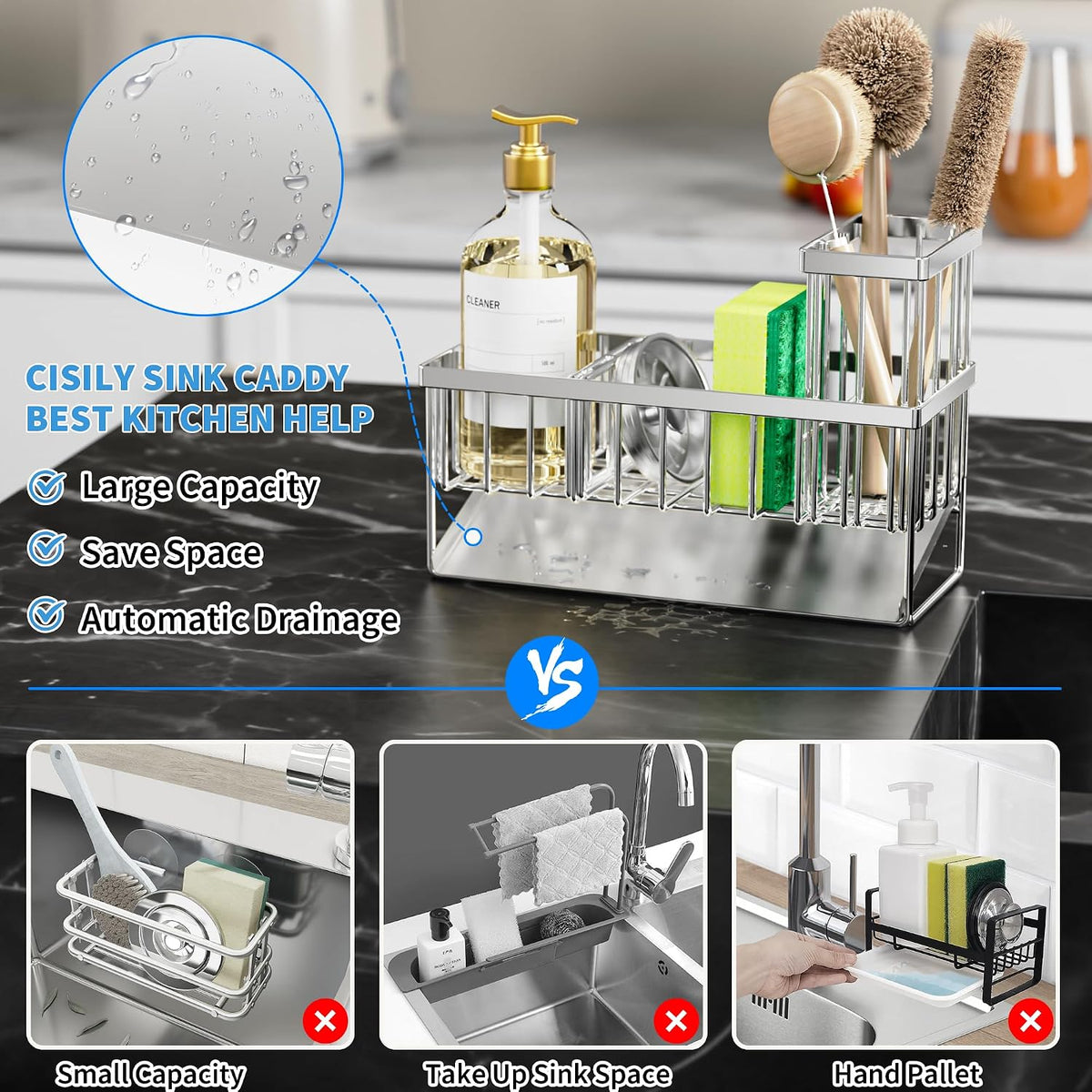 Cisily Sink Caddy Sponge Holder for Kitchen with Brush Holder and Stainless Steel Self Drain Tray, Rustproof Kitchen Sink Organizer for Sponge, Soap Dispenser Storage Accessories