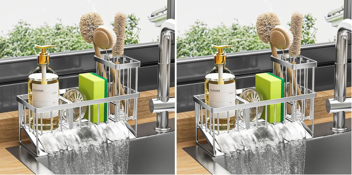 Cisily Sink Caddy Sponge Holder for Kitchen with Brush Holder and Stainless Steel Self Drain Tray, Rustproof Kitchen Sink Organizer for Sponge, Soap Dispenser Storage Accessories