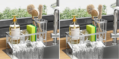 Cisily Sink Caddy Sponge Holder for Kitchen with Brush Holder and Stainless Steel Self Drain Tray, Rustproof Kitchen Sink Organizer for Sponge, Soap Dispenser Storage Accessories