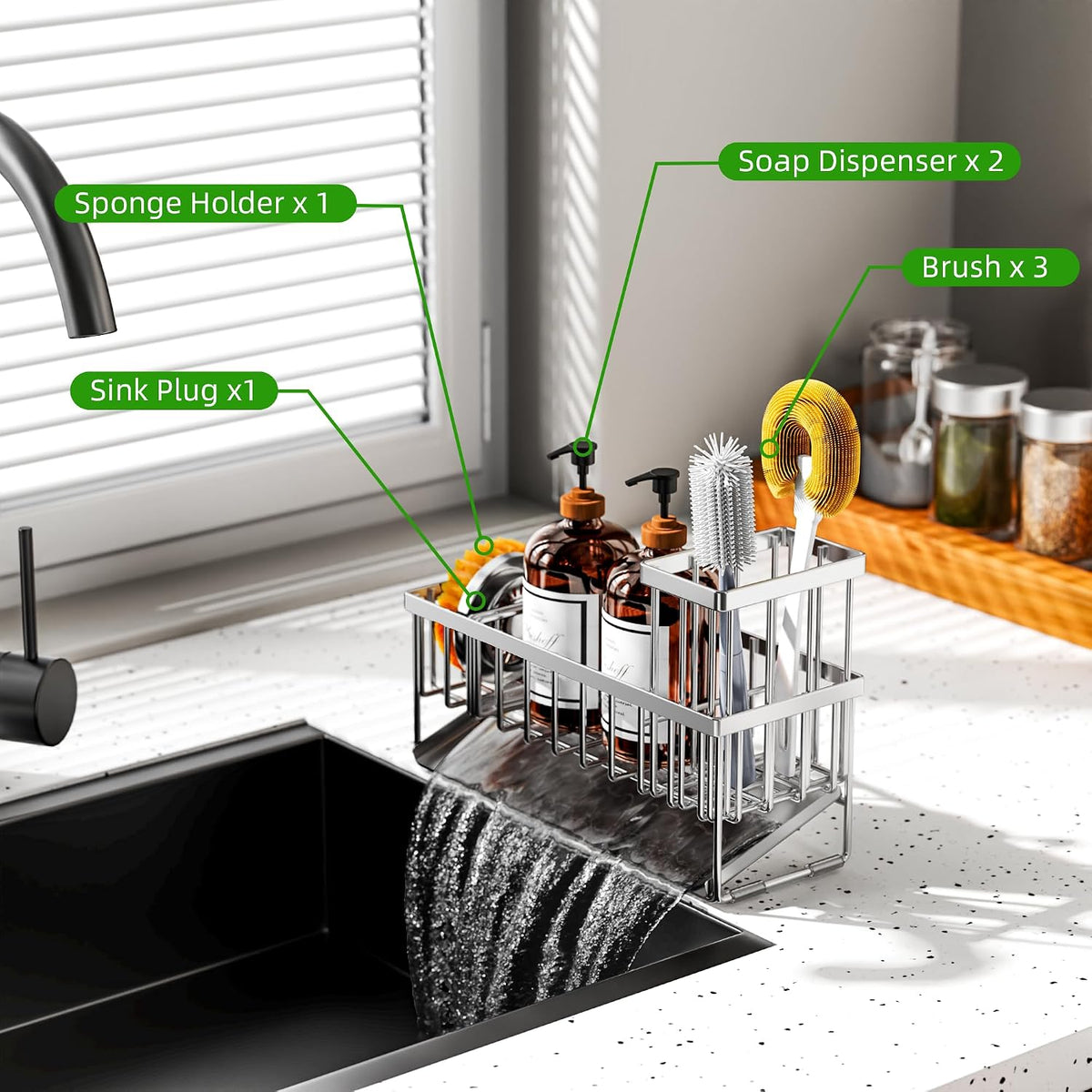 Cisily Sink Caddy Sponge Holder for Kitchen with Brush Holder and Stainless Steel Self Drain Tray, Rustproof Kitchen Sink Organizer for Sponge, Soap Dispenser Storage Accessories