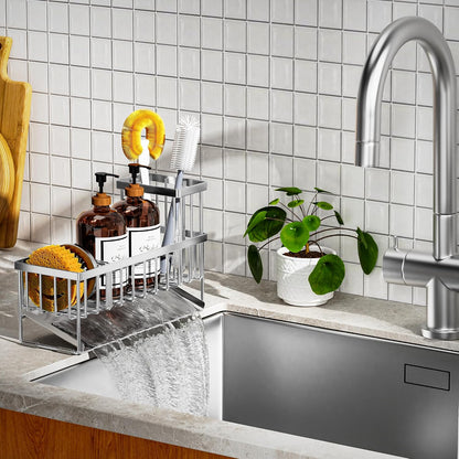 Cisily Sink Caddy Sponge Holder for Kitchen with Brush Holder and Stainless Steel Self Drain Tray, Rustproof Kitchen Sink Organizer for Sponge, Soap Dispenser Storage Accessories