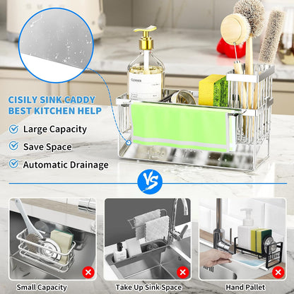 Cisily Sink Caddy Sponge Holder for Kitchen with Brush Holder and Stainless Steel Self Drain Tray, Rustproof Kitchen Sink Organizer for Sponge, Soap Dispenser Storage Accessories
