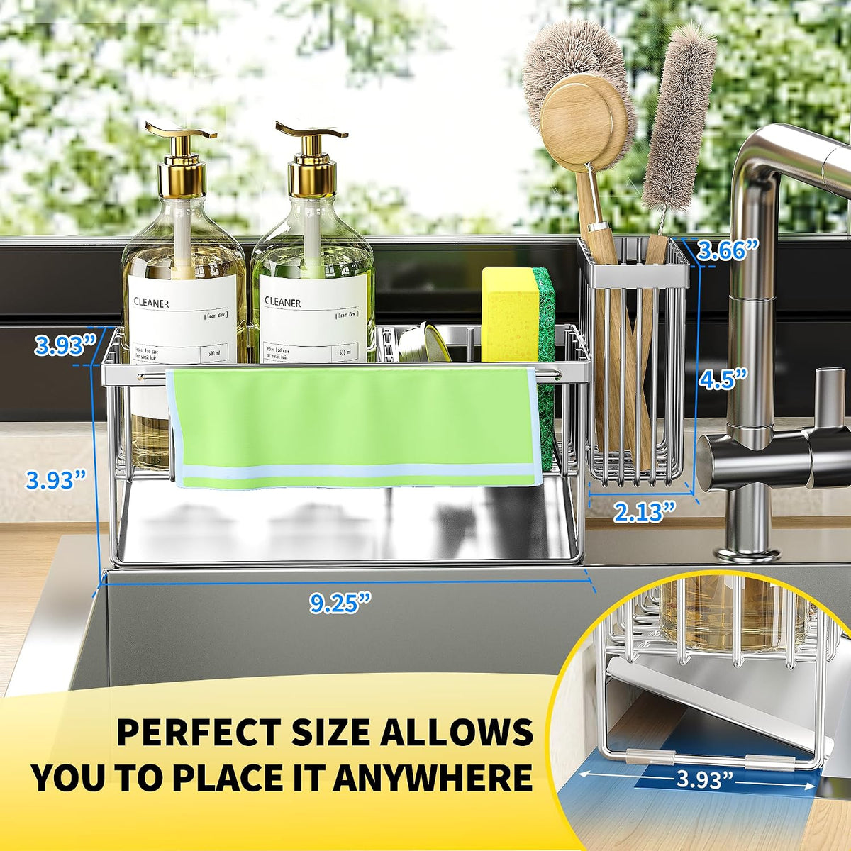Cisily Sink Caddy Sponge Holder for Kitchen with Brush Holder and Stainless Steel Self Drain Tray, Rustproof Kitchen Sink Organizer for Sponge, Soap Dispenser Storage Accessories