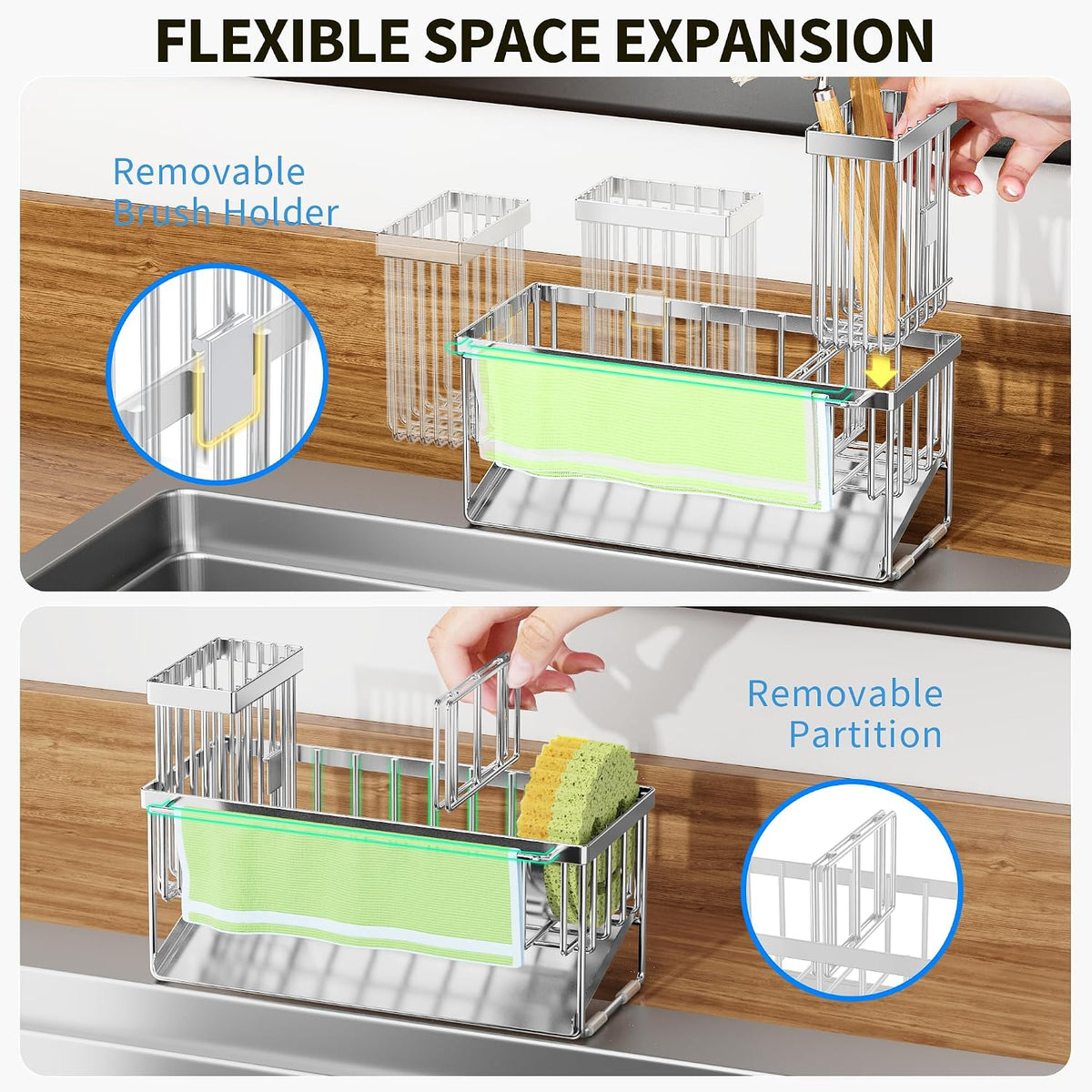 Cisily Sink Caddy Sponge Holder for Kitchen with Brush Holder and Stainless Steel Self Drain Tray, Rustproof Kitchen Sink Organizer for Sponge, Soap Dispenser Storage Accessories