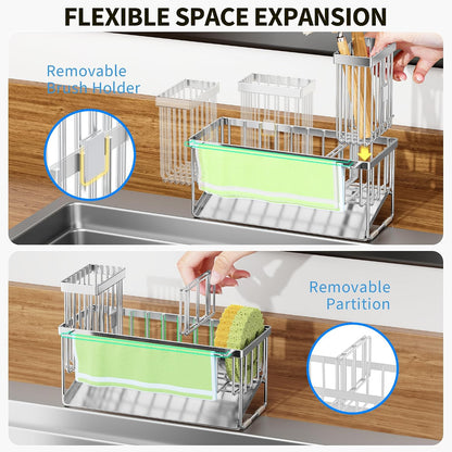 Cisily Sink Caddy Sponge Holder for Kitchen with Brush Holder and Stainless Steel Self Drain Tray, Rustproof Kitchen Sink Organizer for Sponge, Soap Dispenser Storage Accessories