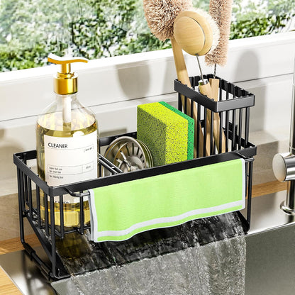 Cisily Sink Caddy Sponge Holder for Kitchen with Brush Holder and Stainless Steel Self Drain Tray, Rustproof Kitchen Sink Organizer for Sponge, Soap Dispenser Storage Accessories