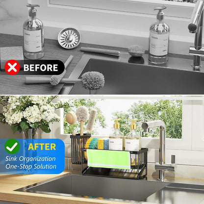 Cisily Sink Caddy Sponge Holder for Kitchen with Brush Holder and Stainless Steel Self Drain Tray, Rustproof Kitchen Sink Organizer for Sponge, Soap Dispenser Storage Accessories