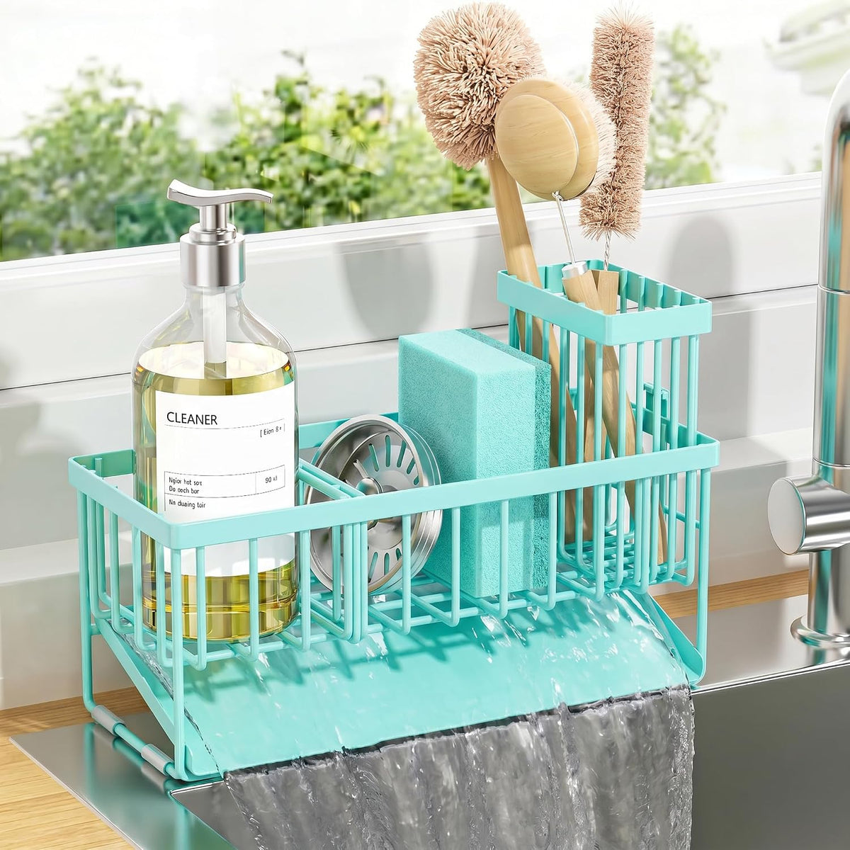 Cisily Sink Caddy Sponge Holder for Kitchen with Brush Holder and Stainless Steel Self Drain Tray, Rustproof Kitchen Sink Organizer for Sponge, Soap Dispenser Storage Accessories