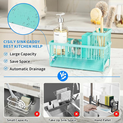 Cisily Sink Caddy Sponge Holder for Kitchen with Brush Holder and Stainless Steel Self Drain Tray, Rustproof Kitchen Sink Organizer for Sponge, Soap Dispenser Storage Accessories
