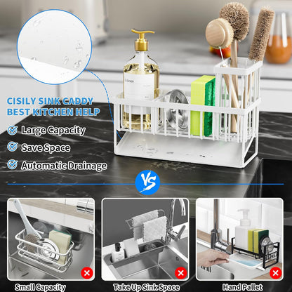 Cisily Sink Caddy Sponge Holder for Kitchen with Brush Holder and Stainless Steel Self Drain Tray, Rustproof Kitchen Sink Organizer for Sponge, Soap Dispenser Storage Accessories
