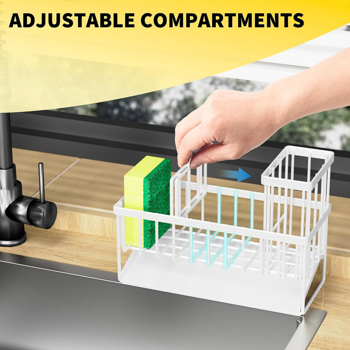Cisily Sink Caddy Sponge Holder for Kitchen with Brush Holder and Stainless Steel Self Drain Tray, Rustproof Kitchen Sink Organizer for Sponge, Soap Dispenser Storage Accessories
