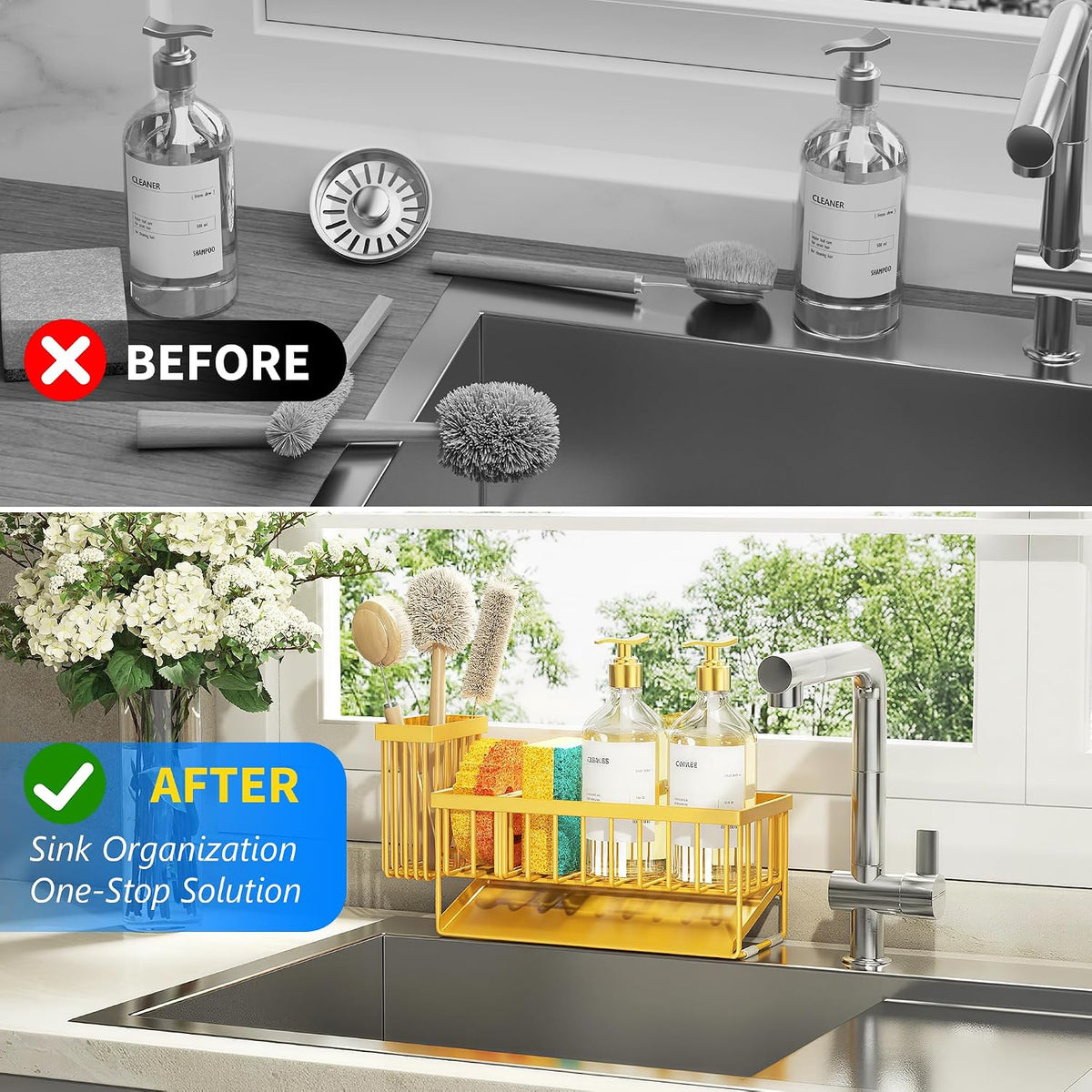 Cisily Sink Caddy Sponge Holder for Kitchen with Brush Holder and Stainless Steel Self Drain Tray, Rustproof Kitchen Sink Organizer for Sponge, Soap Dispenser Storage Accessories