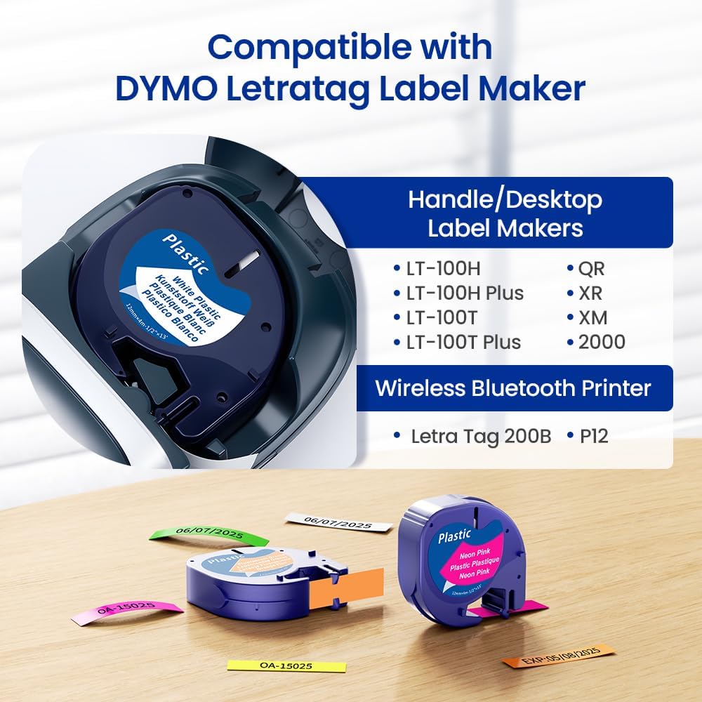 Compatible with Dymo Letratag Refills 91330 White Paper Label Maker Tape | Replacement for Dymo Label Maker LT-100H 100T Plus 200B Refills, 5-Pack 12mm x 4m (1/2" x 13') White Paper