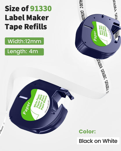 Compatible with Dymo Letratag Refills 91330 White Paper Label Maker Tape | Replacement for Dymo Label Maker LT-100H 100T Plus 200B Refills, 5-Pack 12mm x 4m (1/2" x 13') White Paper