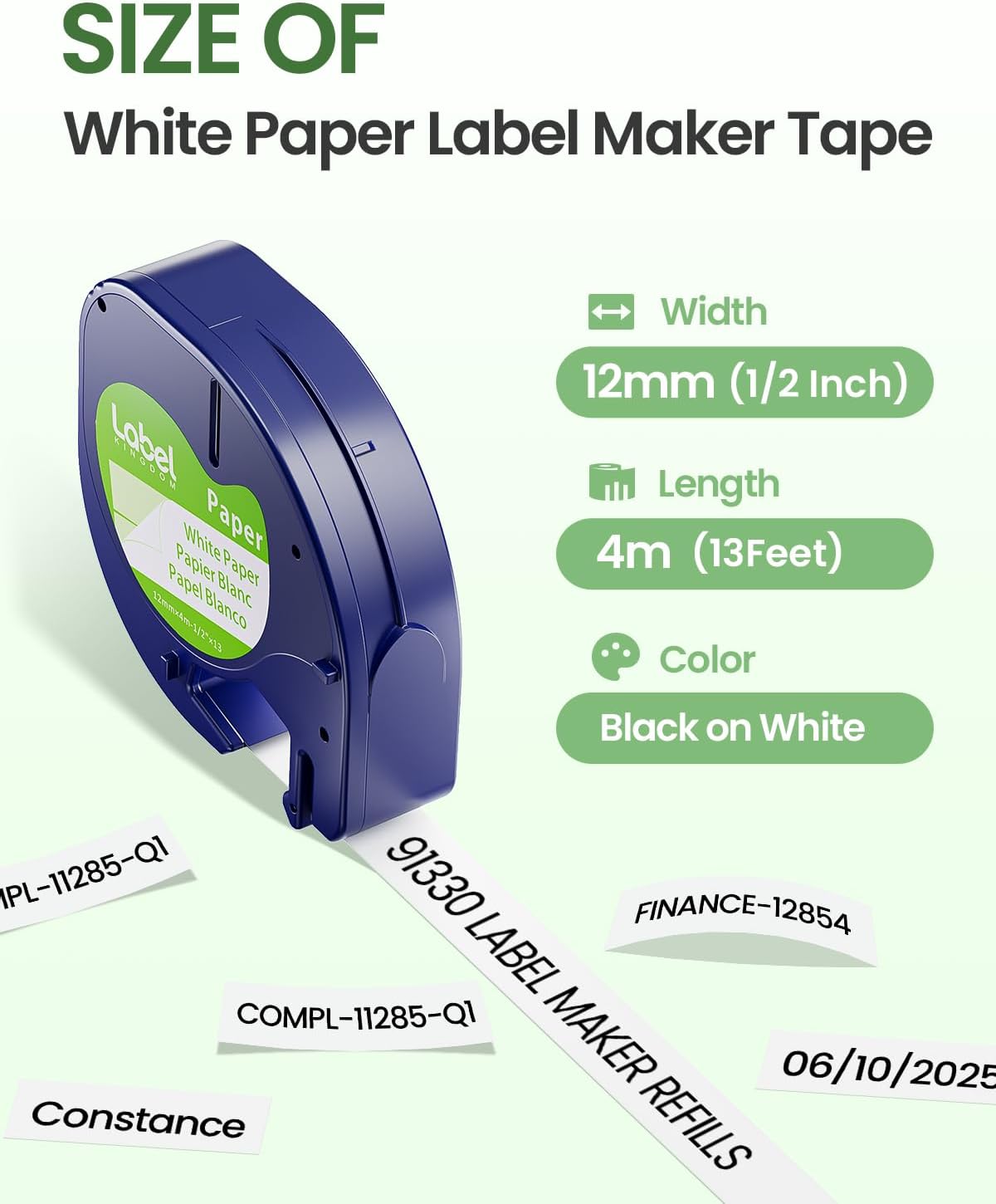 Compatible with Dymo Letratag Refills 91330 White Paper Label Maker Tape | Replacement for Dymo Label Maker LT-100H 100T Plus 200B Refills, 5-Pack 12mm x 4m (1/2" x 13') White Paper