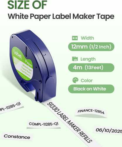 Compatible with Dymo Letratag Refills 91330 White Paper Label Maker Tape | Replacement for Dymo Label Maker LT-100H 100T Plus 200B Refills, 5-Pack 12mm x 4m (1/2" x 13') White Paper