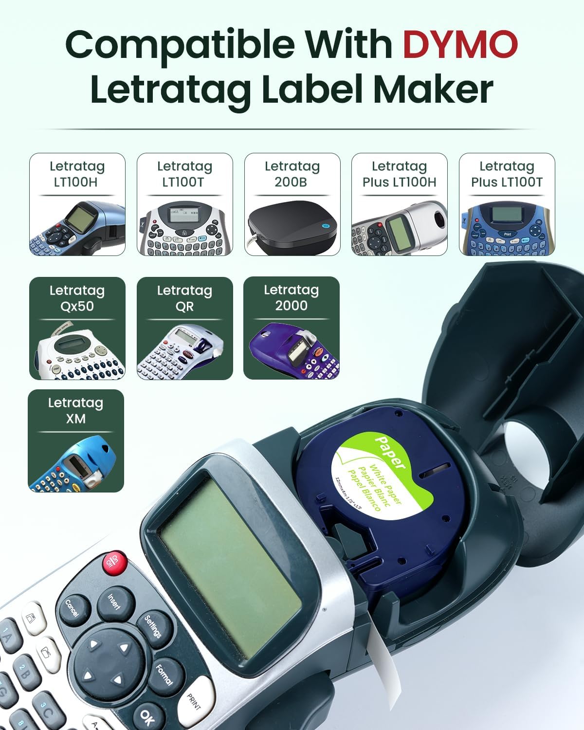 Compatible with Dymo Letratag Refills 91330 White Paper Label Maker Tape | Replacement for Dymo Label Maker LT-100H 100T Plus 200B Refills, 5-Pack 12mm x 4m (1/2" x 13') White Paper