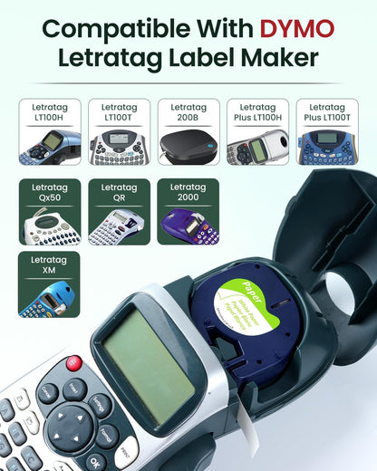 Compatible with Dymo Letratag Refills 91330 White Paper Label Maker Tape | Replacement for Dymo Label Maker LT-100H 100T Plus 200B Refills, 5-Pack 12mm x 4m (1/2" x 13') White Paper
