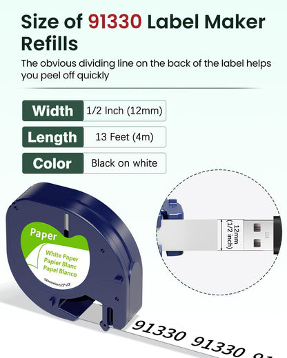 Compatible with Dymo Letratag Refills 91330 White Paper Label Maker Tape | Replacement for Dymo Label Maker LT-100H 100T Plus 200B Refills, 5-Pack 12mm x 4m (1/2" x 13') White Paper