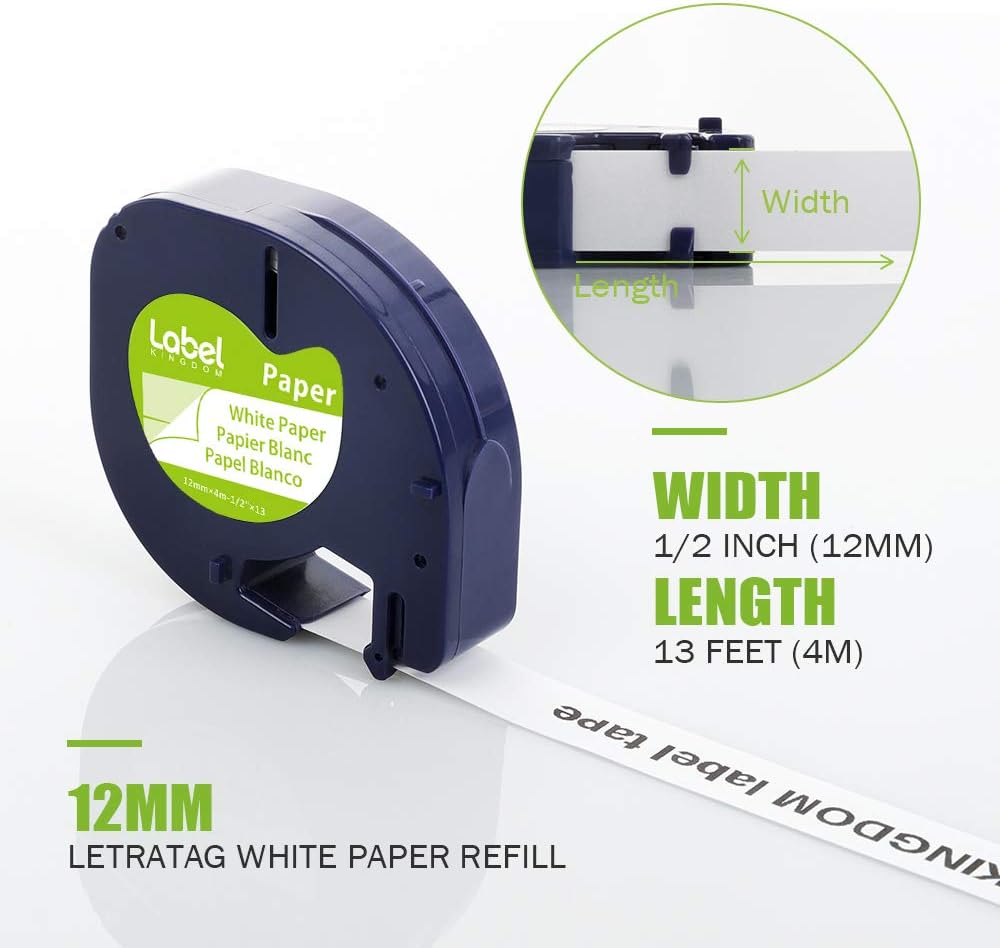 Compatible with Dymo Letratag Refills 91330 White Paper Label Maker Tape | Replacement for Dymo Label Maker LT-100H 100T Plus 200B Refills, 5-Pack 12mm x 4m (1/2" x 13') White Paper