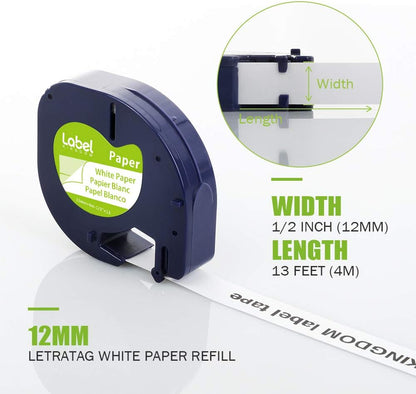 Compatible with Dymo Letratag Refills 91330 White Paper Label Maker Tape | Replacement for Dymo Label Maker LT-100H 100T Plus 200B Refills, 5-Pack 12mm x 4m (1/2" x 13') White Paper