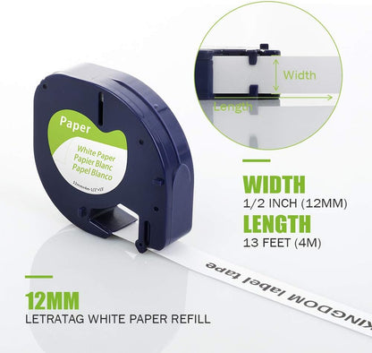 Compatible with Dymo Letratag Refills 91330 White Paper Label Maker Tape | Replacement for Dymo Label Maker LT-100H 100T Plus 200B Refills, 5-Pack 12mm x 4m (1/2" x 13') White Paper