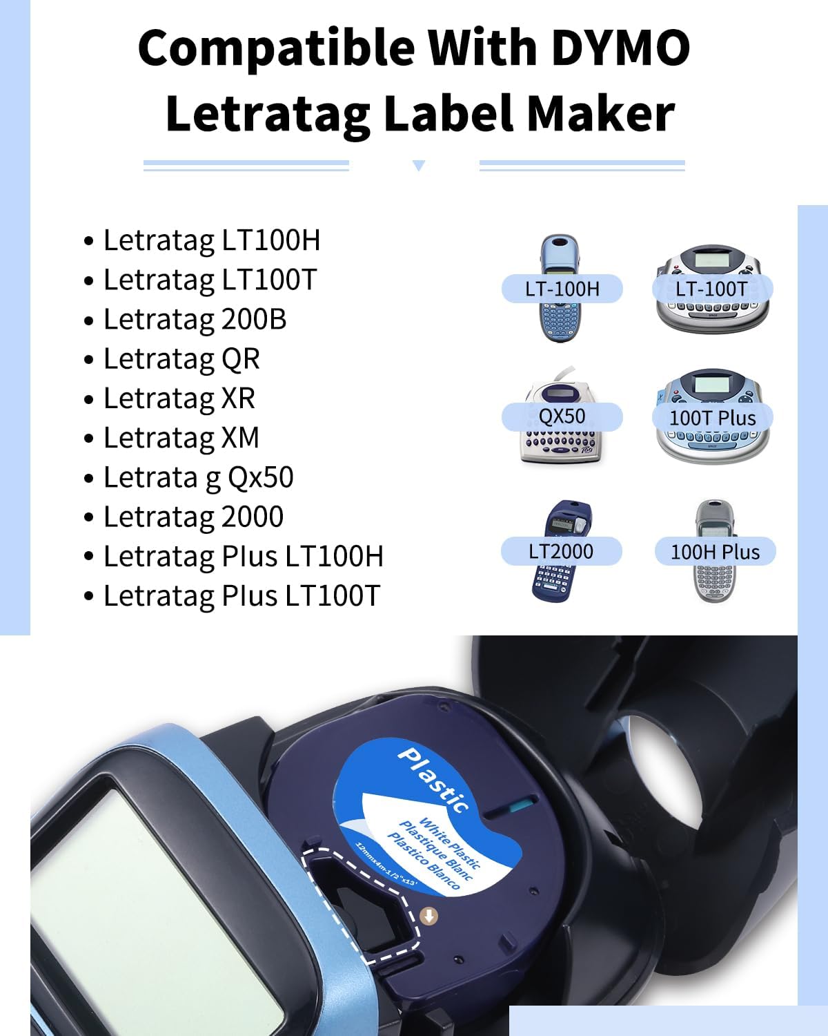 Compatible with Dymo Letratag Refills 91330 White Paper Label Maker Tape | Replacement for Dymo Label Maker LT-100H 100T Plus 200B Refills, 5-Pack 12mm x 4m (1/2" x 13') White Paper