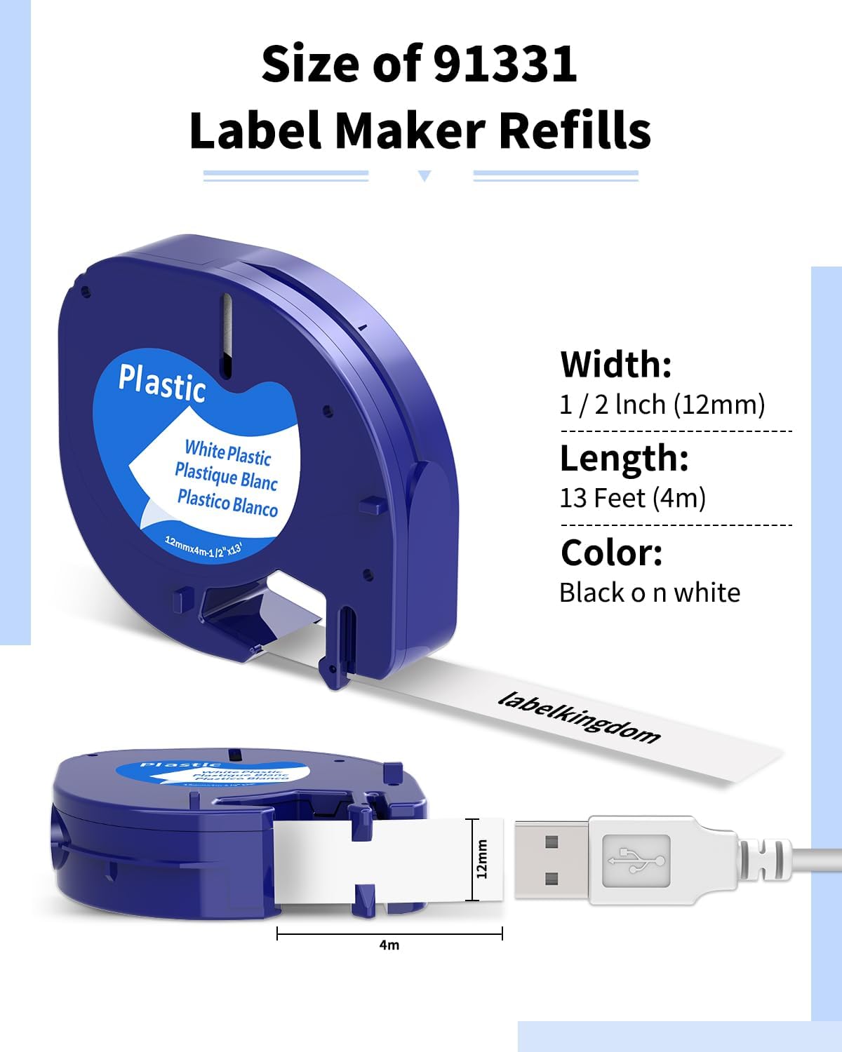 Compatible with Dymo Letratag Refills 91330 White Paper Label Maker Tape | Replacement for Dymo Label Maker LT-100H 100T Plus 200B Refills, 5-Pack 12mm x 4m (1/2" x 13') White Paper