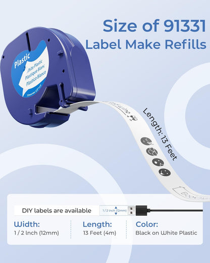 Compatible with Dymo Letratag Refills 91330 White Paper Label Maker Tape | Replacement for Dymo Label Maker LT-100H 100T Plus 200B Refills, 5-Pack 12mm x 4m (1/2" x 13') White Paper