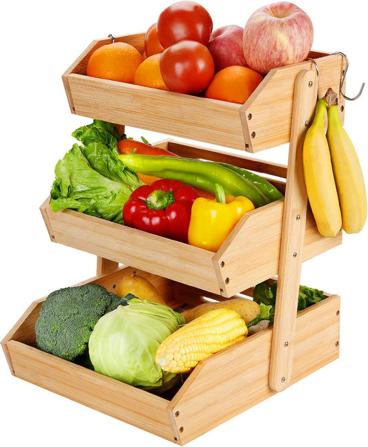 3 Tier Bamboo Fruit Basket with 2 Banana Hangers for Kitchen Counter