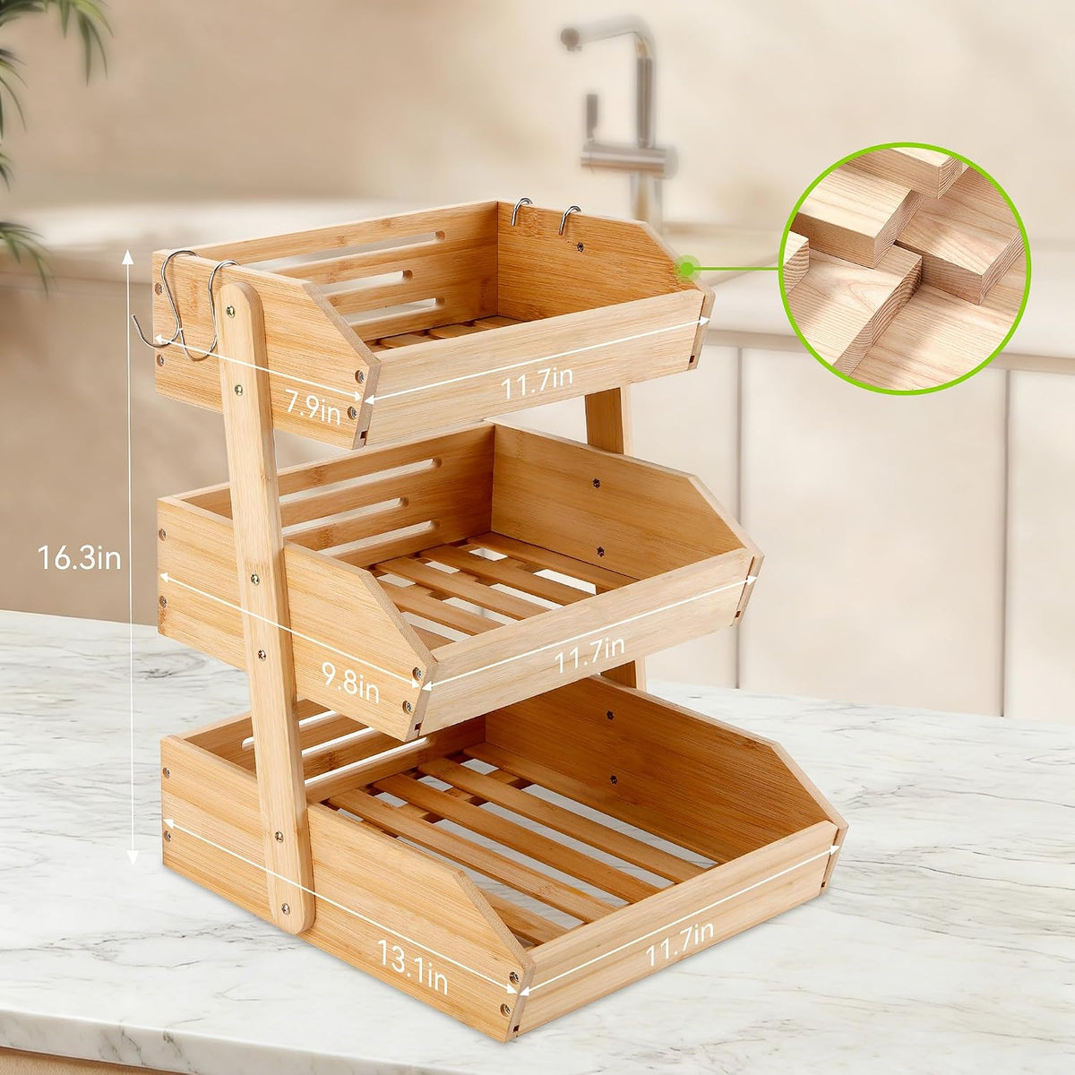 3 Tier Bamboo Fruit Basket with 2 Banana Hangers for Kitchen Counter