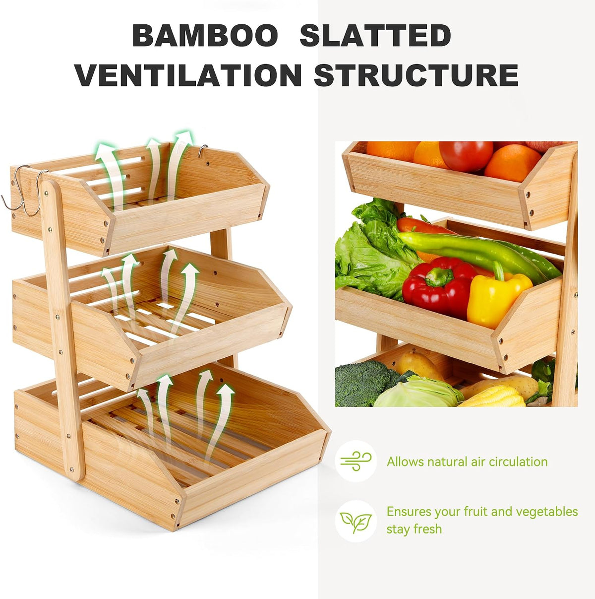 3 Tier Bamboo Fruit Basket with 2 Banana Hangers for Kitchen Counter
