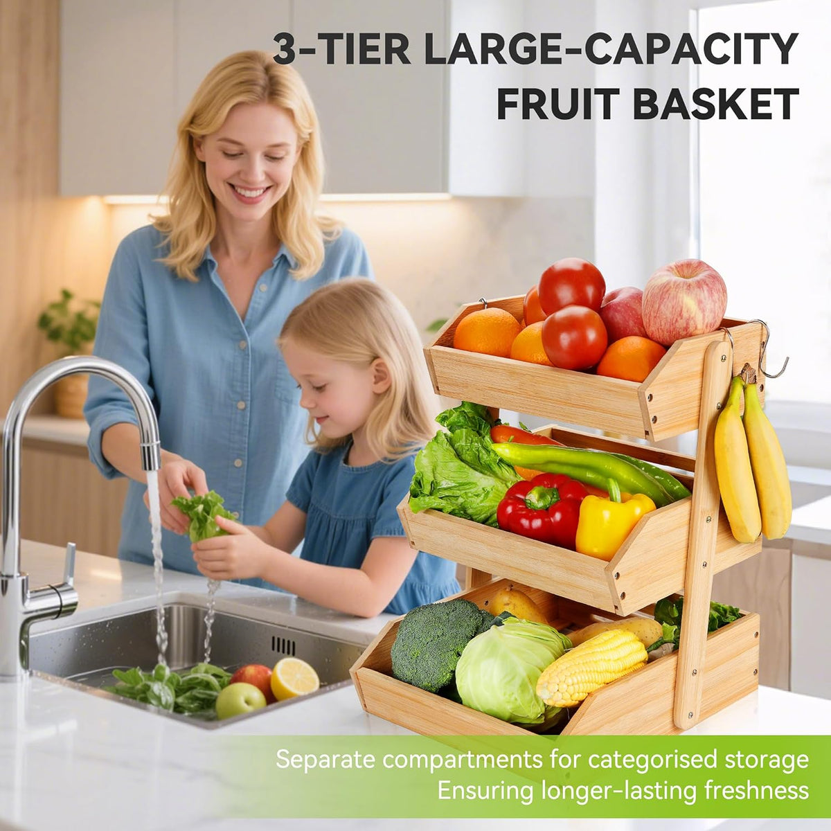 3 Tier Bamboo Fruit Basket with 2 Banana Hangers for Kitchen Counter