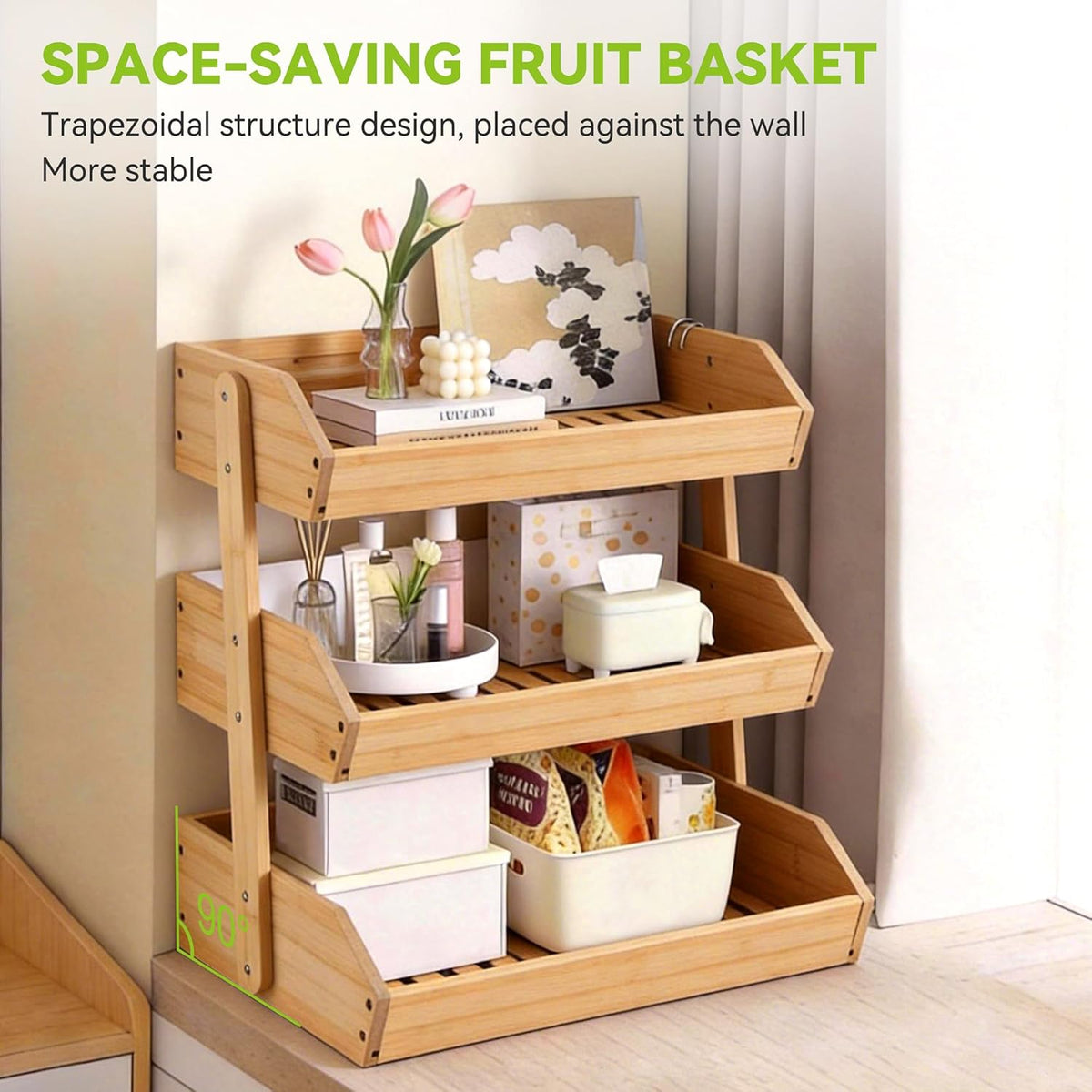 3 Tier Bamboo Fruit Basket with 2 Banana Hangers for Kitchen Counter