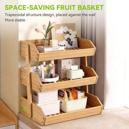 3 Tier Bamboo Fruit Basket with 2 Banana Hangers for Kitchen Counter