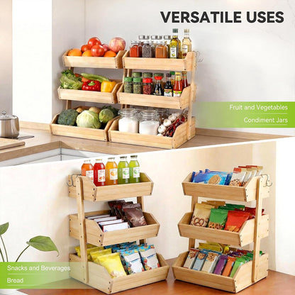 3 Tier Bamboo Fruit Basket with 2 Banana Hangers for Kitchen Counter