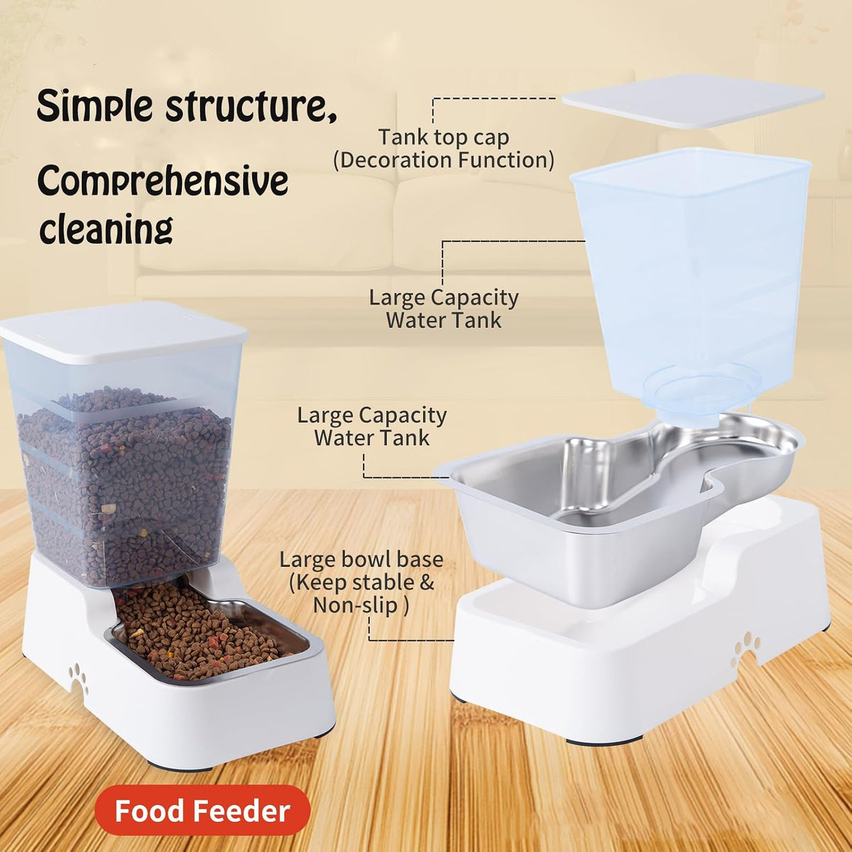 Pets Auto Feeder 5.2L,Food Feeder and Water Dispenser Set for Medium & Large Dogs Cats and Pets Animals (Navy)