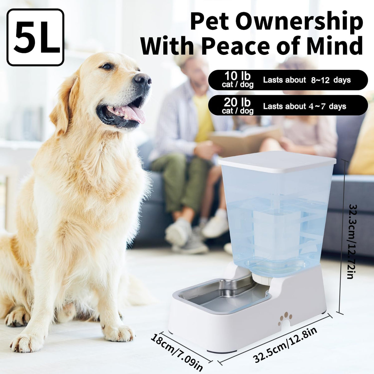 Pets Auto Feeder 5.2L,Food Feeder and Water Dispenser Set for Medium & Large Dogs Cats and Pets Animals (Navy)