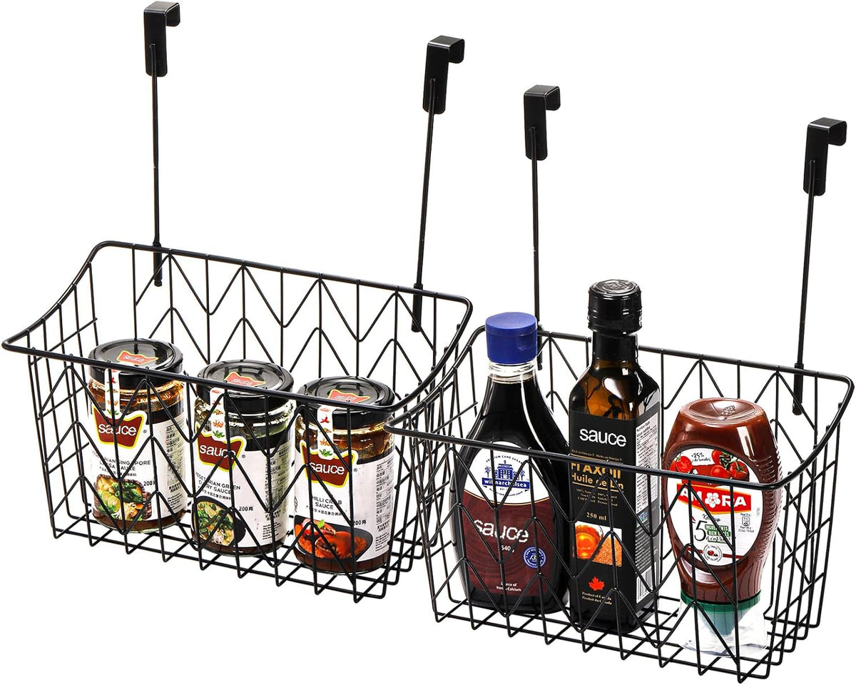 2 Pack Over The Cabinet Door Organizer, Grid Storage Baskets with Hooks, Metal Wall Hanging Basket Holder Rack, Wire Kitchen Sink Organization Bin for Bathroom Shampoo, Body Wash