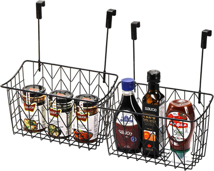 2 Pack Over The Cabinet Door Organizer, Grid Storage Baskets with Hooks, Metal Wall Hanging Basket Holder Rack, Wire Kitchen Sink Organization Bin for Bathroom Shampoo, Body Wash