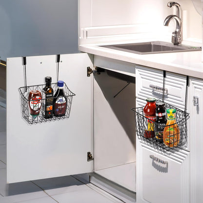 2 Pack Over The Cabinet Door Organizer, Grid Storage Baskets with Hooks, Metal Wall Hanging Basket Holder Rack, Wire Kitchen Sink Organization Bin for Bathroom Shampoo, Body Wash