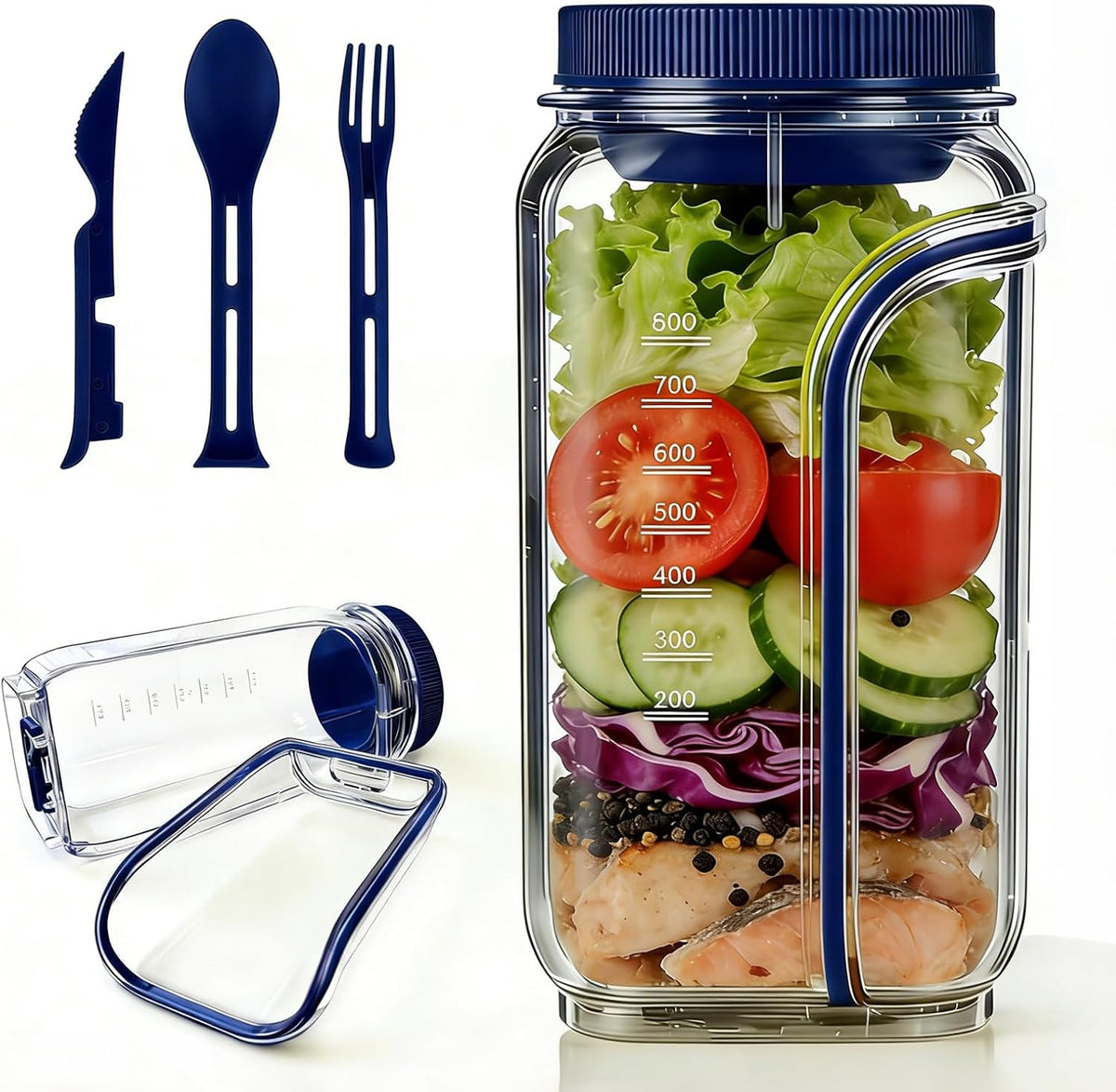 Salad Pod,Airtight Salad Jar with Side Opening,4.5 Cups,Prussian Blue