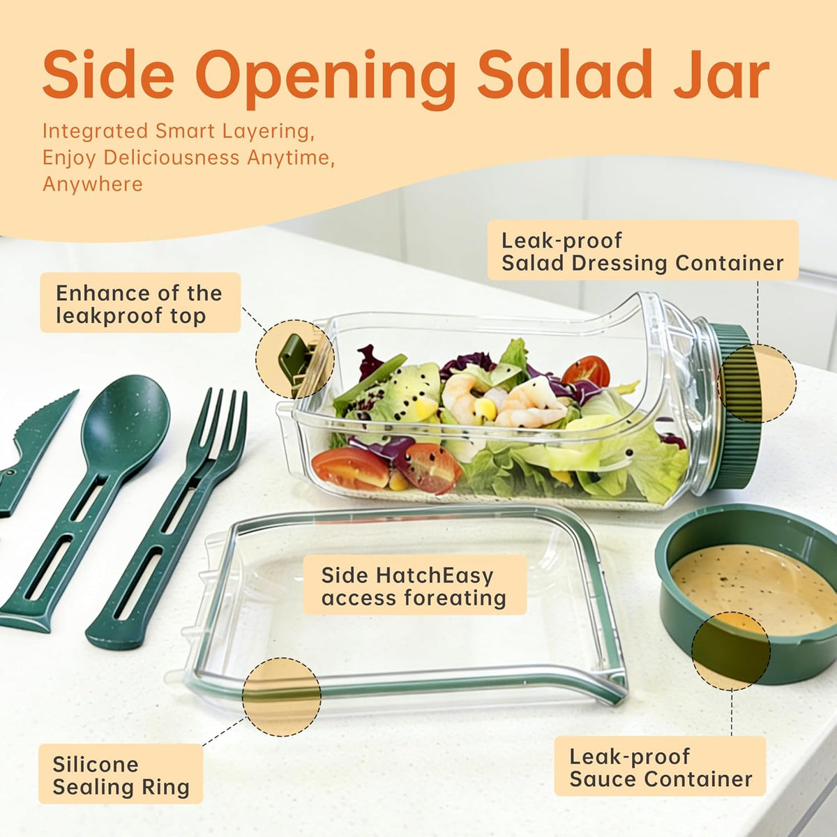 Salad Pod,Airtight Salad Jar with Side Opening,4.5 Cups,Prussian Blue